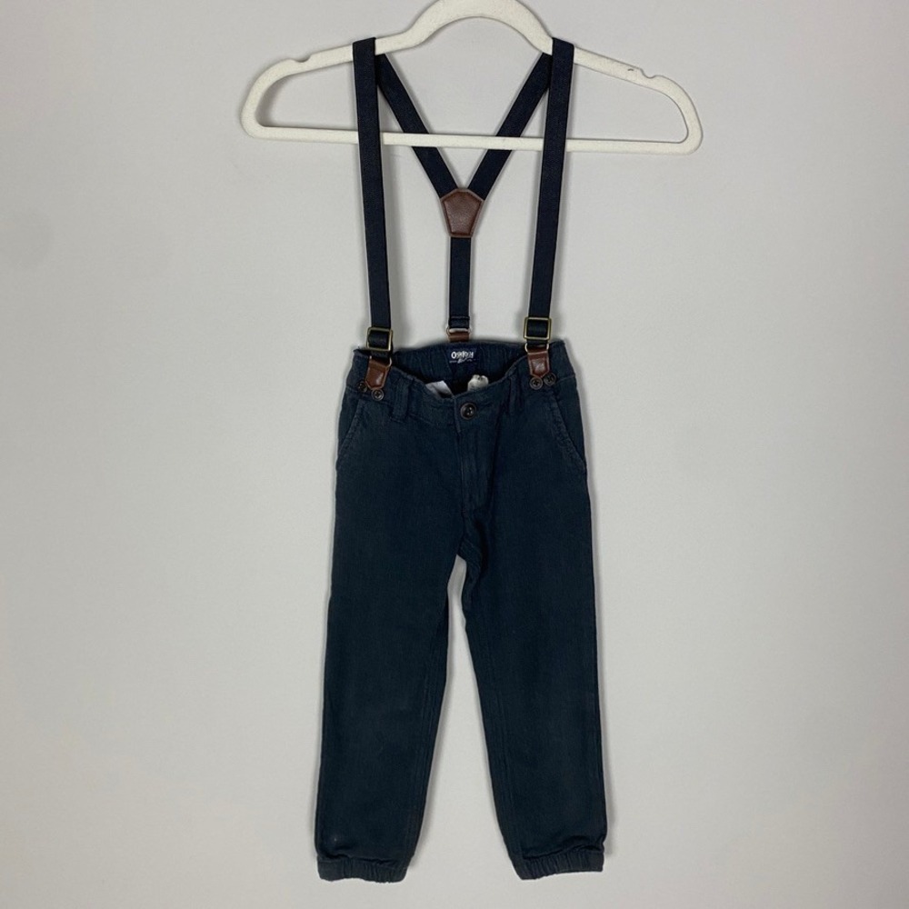 OshKosh B'gosh Herringbone Suspender Jogger Pants Boys 4T Gray Detachable Straps
